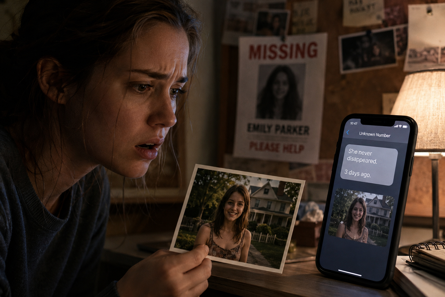 Young woman staring at a mysterious message and photograph of her missing sister