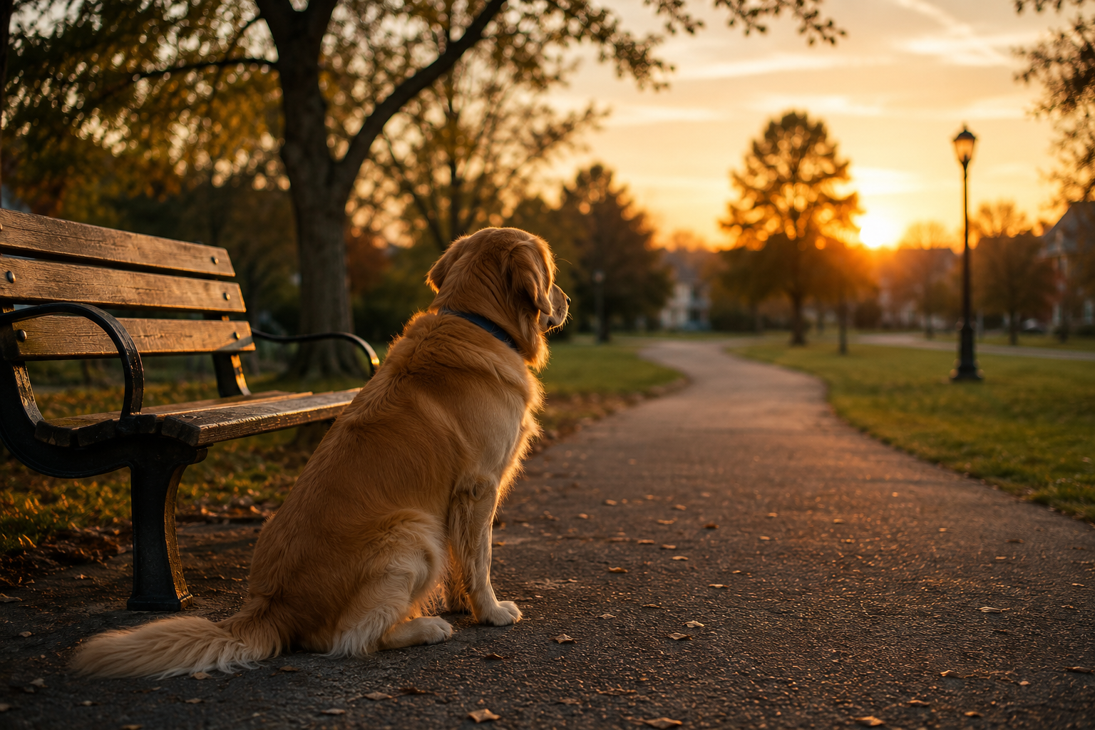 Golden retriever waiting beside a park bench