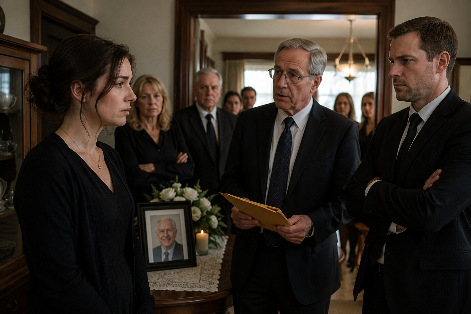 Woman standing at a funeral while a lawyer approaches with an envelope