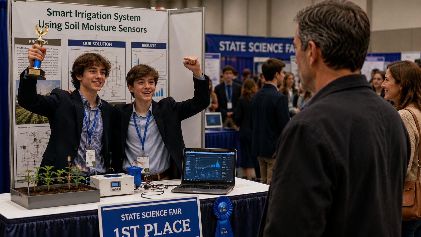 Two teenage brothers celebrating their science fair victory