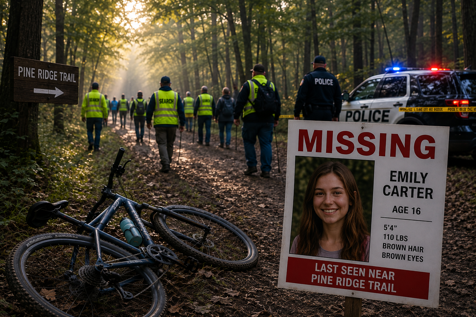 Search volunteers gathered near a wooded trail during a missing teenager search