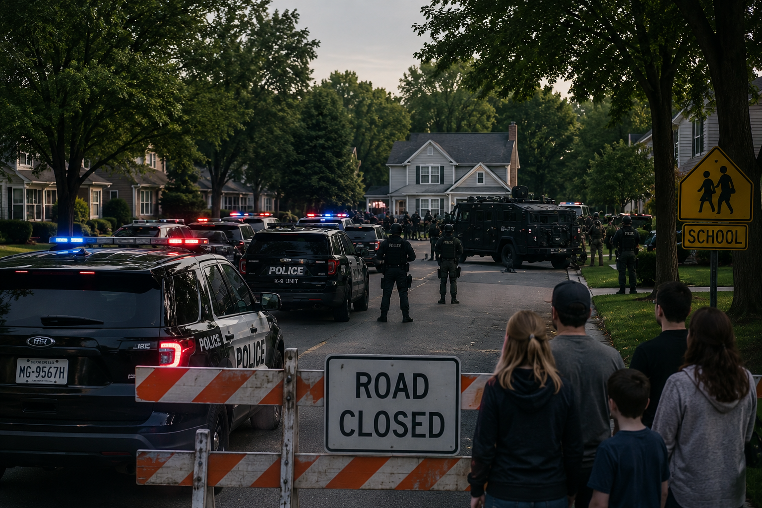 Police and tactical officers blocking a suburban neighborhood street