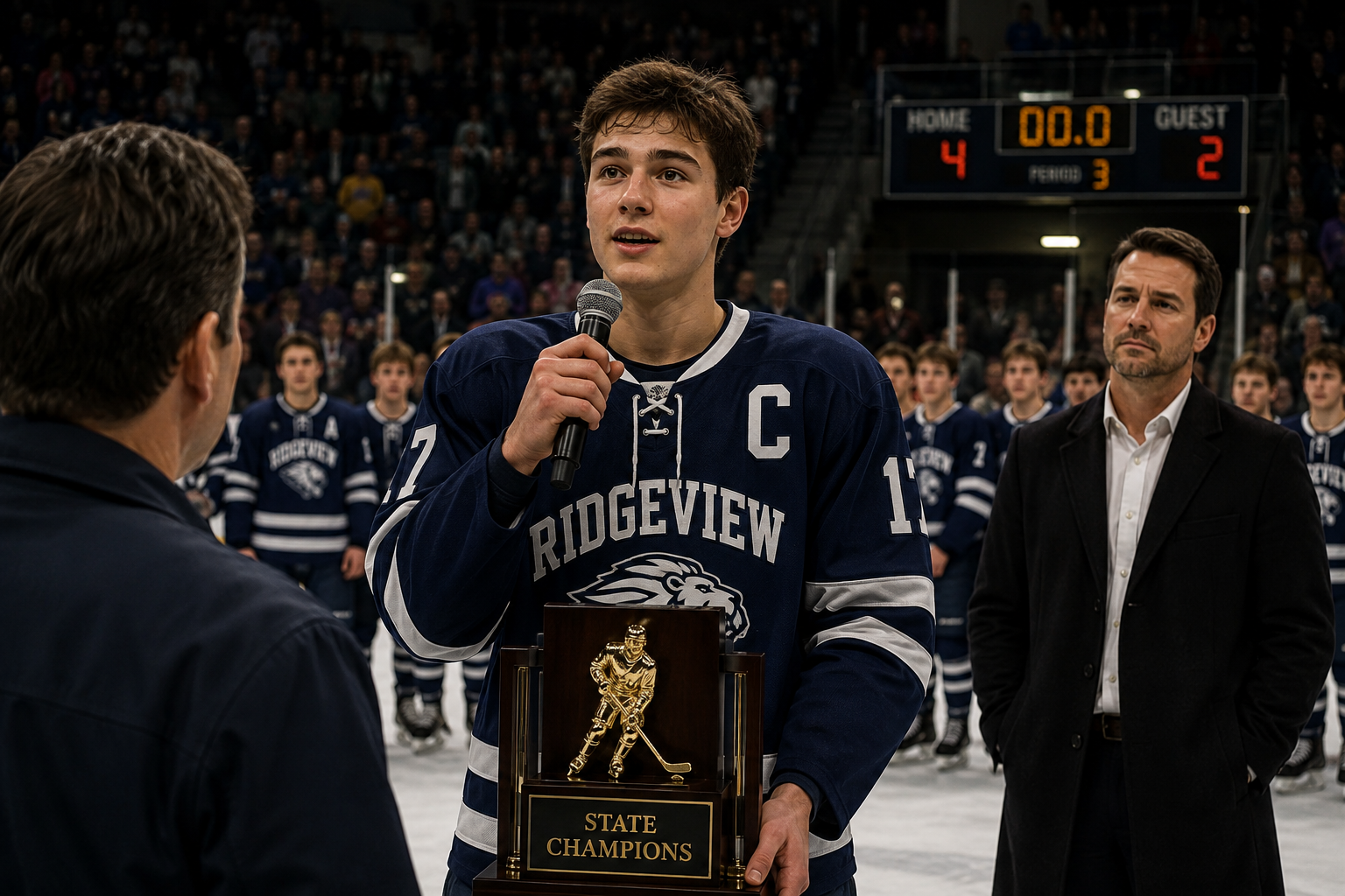 Young hockey player speaking after a championship game while two father figures watch