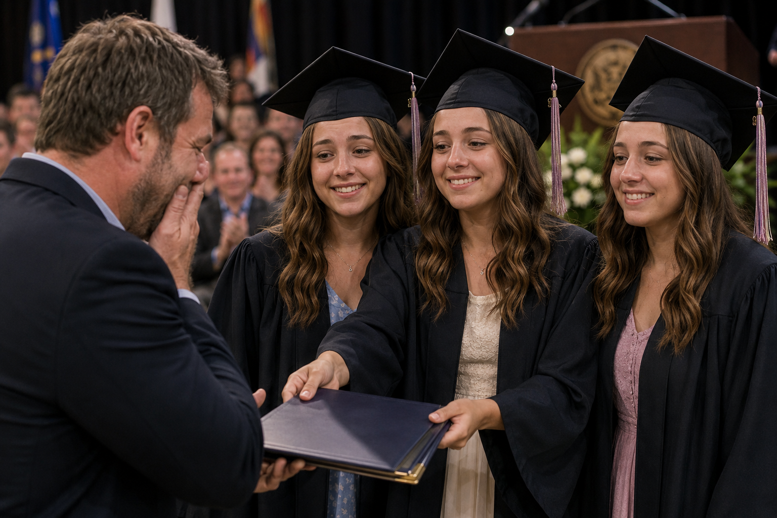 Three graduating sisters surprising the uncle who raised them