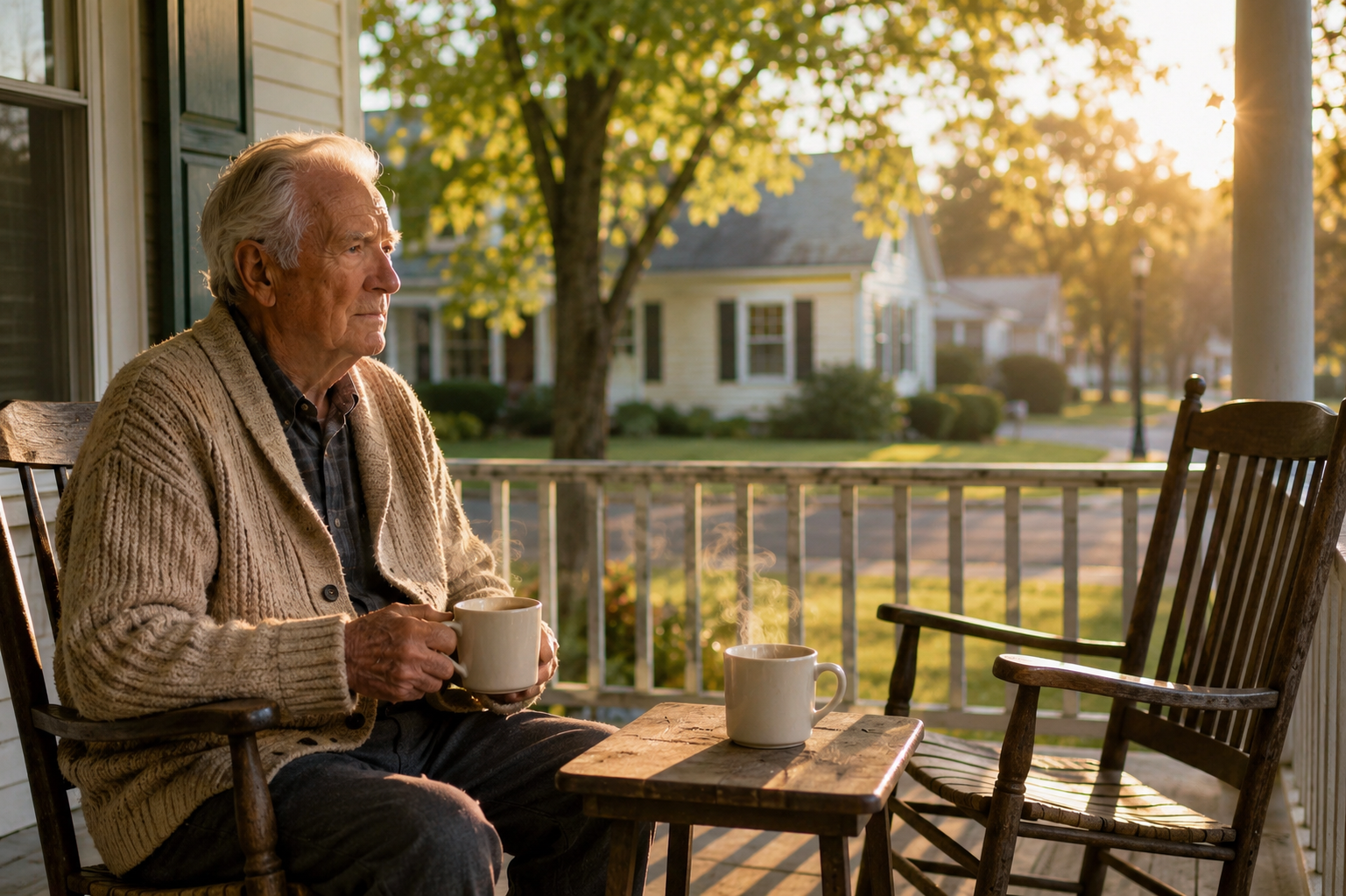 Elderly man sitting alone on his porch with two cups of coffee and an empty chair