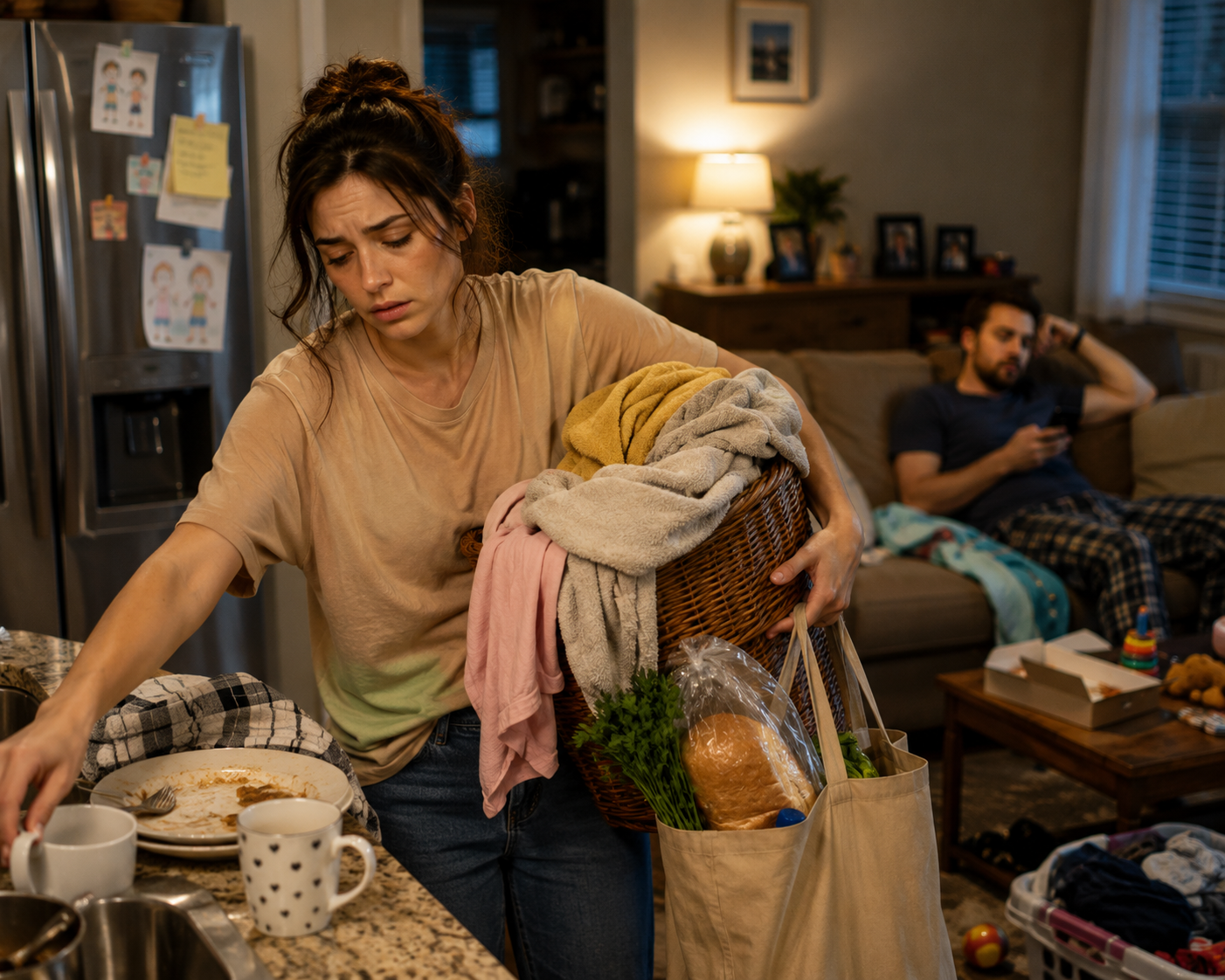 An exhausted woman managing household responsibilities while her partner relaxes in the background
